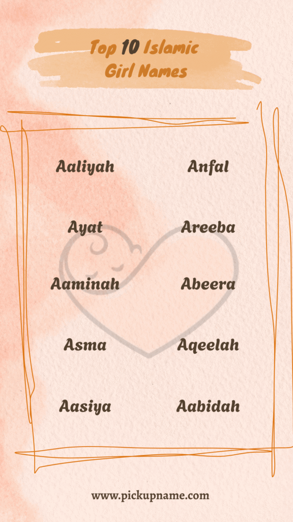 op 10 Muslim girl names starting with A – Aaliyah, Ayat, Aaminah, Asma, Aasiya, Anfal, Areeba, Abeera, Aqeelah, Aabidah – in a soft peach design with baby icon.